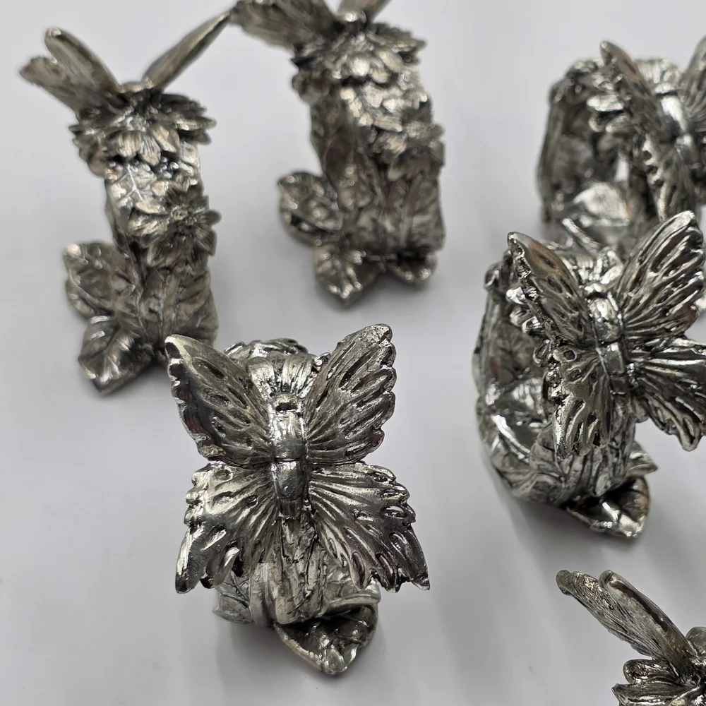 Vtg Silver Resin Butterfly Napkin Ring Hokder Set Of 7